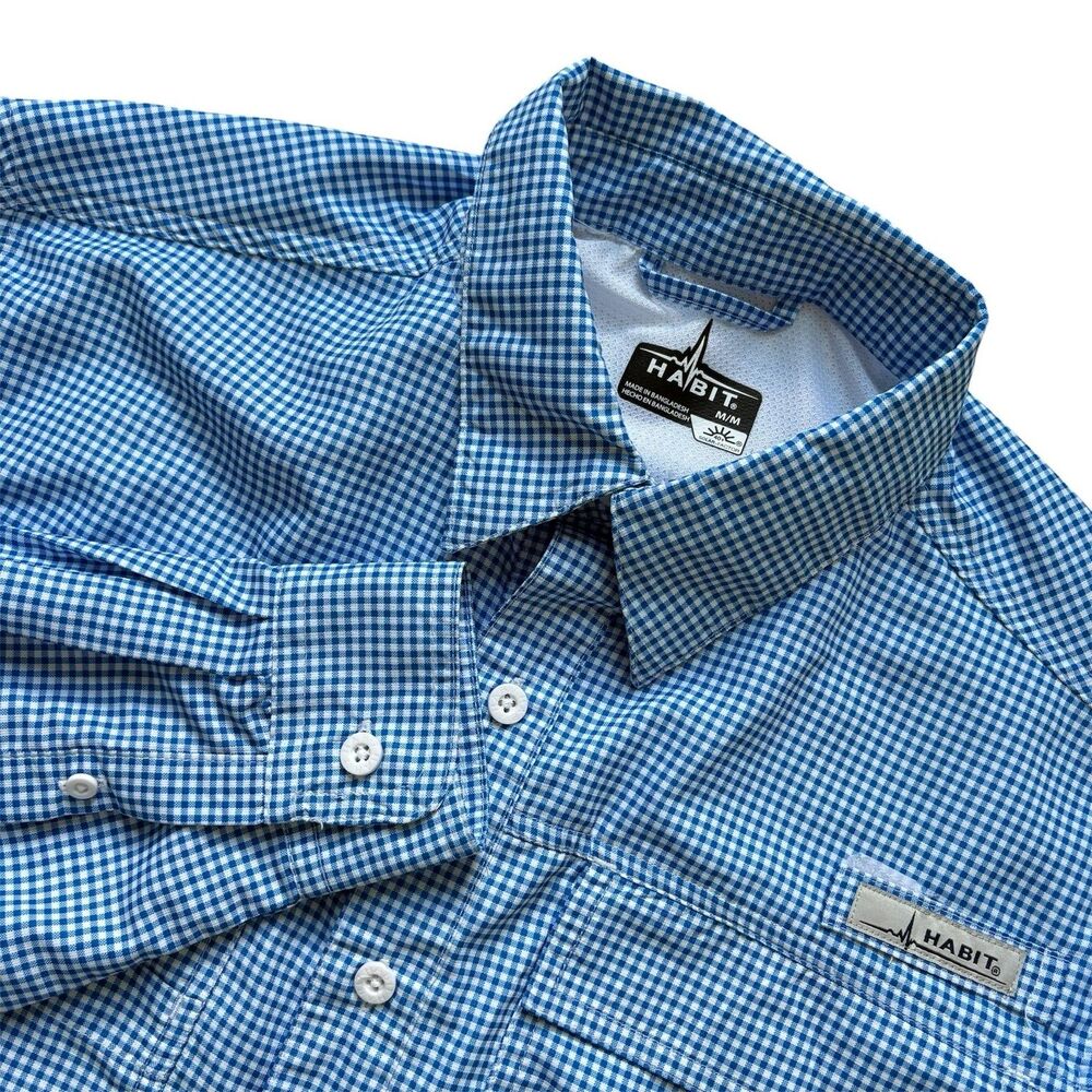 Habit Shirt Mens Medium Blue Check Button-Up Collared Long Sleeve Breathable